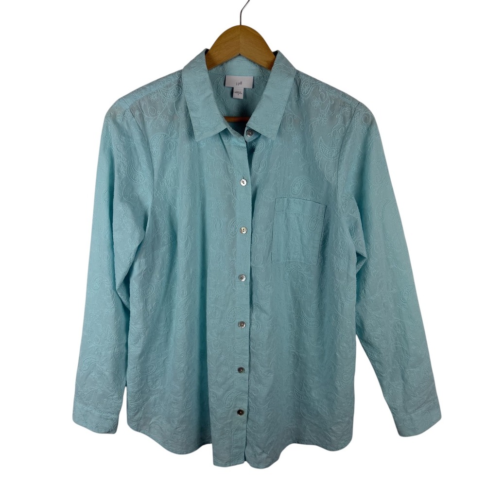 J Jill Blue Floral Paisley Embroidered Cotton Button Down Shirt Small Western